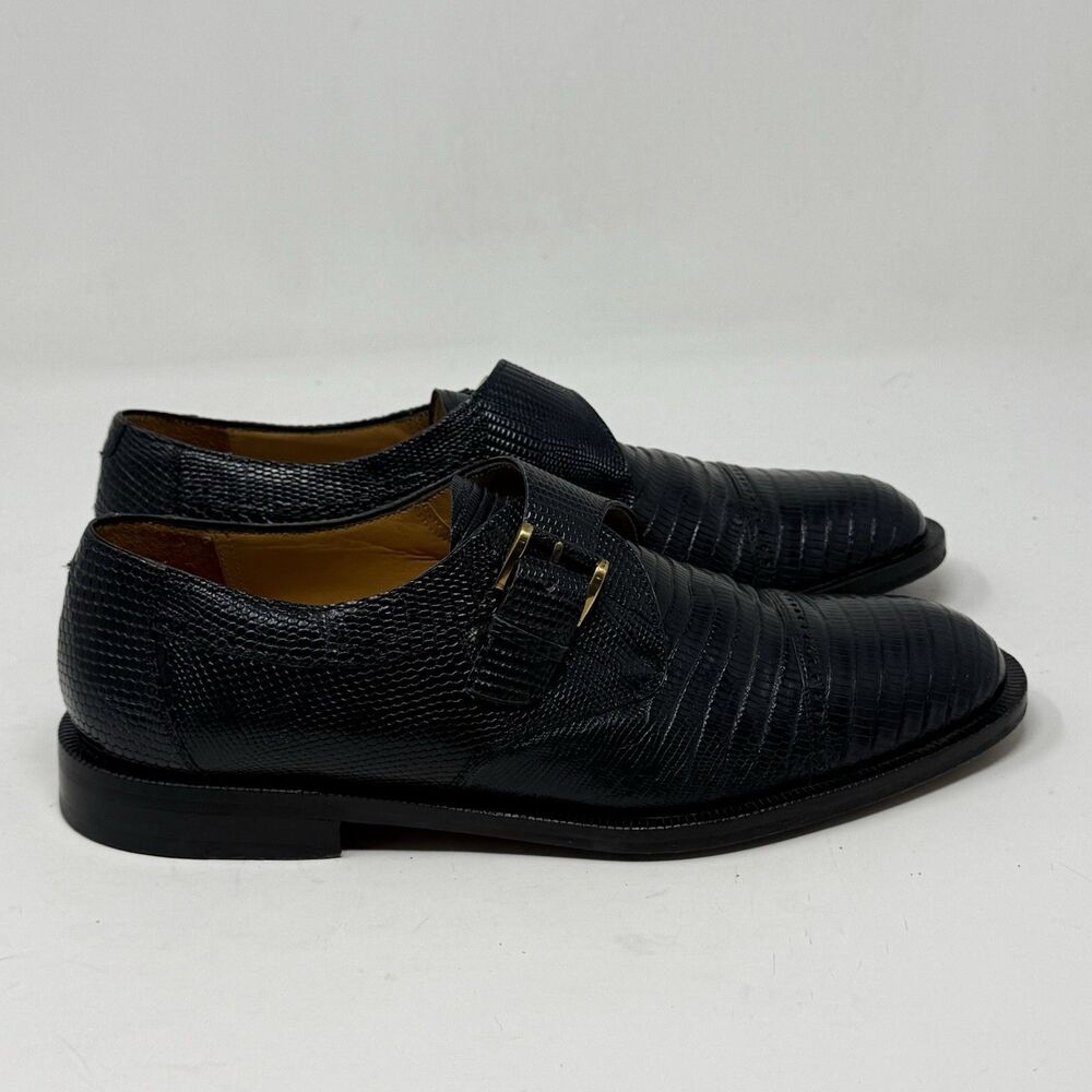 Paolo De Marco Genuine Lizard Monk Strap Dress Shoes Mens 7.5 Blue Cap Toe Spain